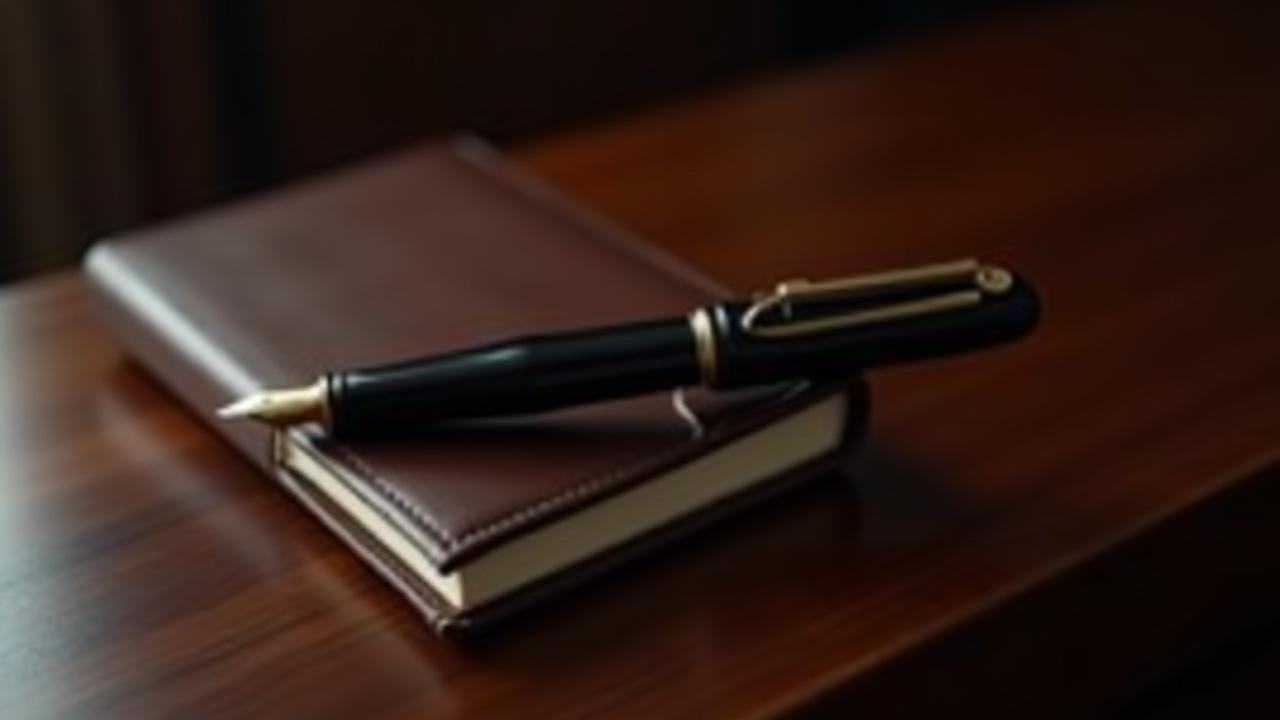 A finely crafted fountain pen resting beside a leather-bound planner on a polished boardroom table, evoking executive prestige.