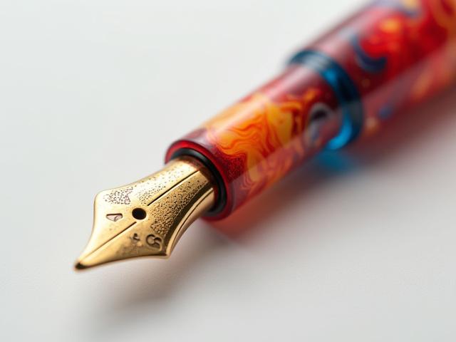 Custom resin pen, \
            'Primary Manipulation' pattern, vibrant red, yellow, and blue swirls. 