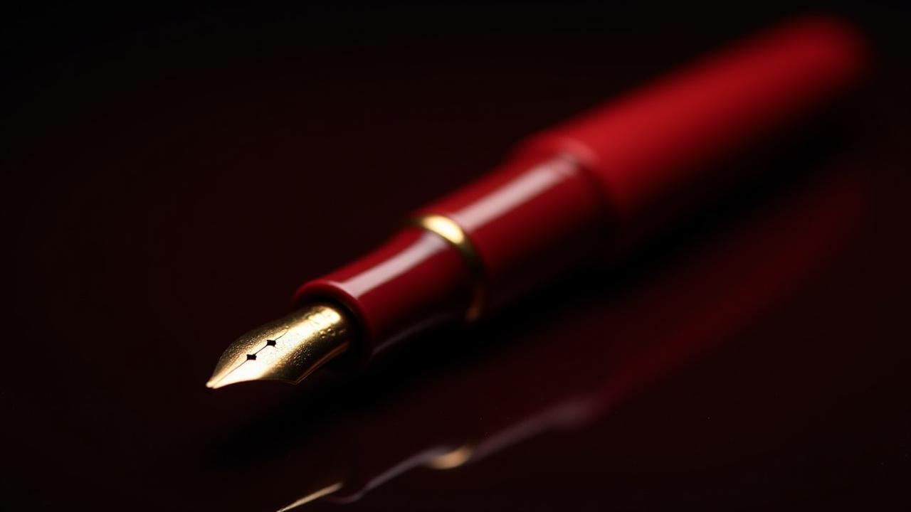 Gleaming deep red Tamenuri urushi fountain pen with gold trim