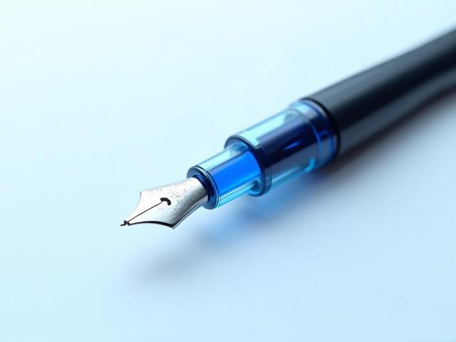 Fountain pen with a clear ink window showing deep blue ink