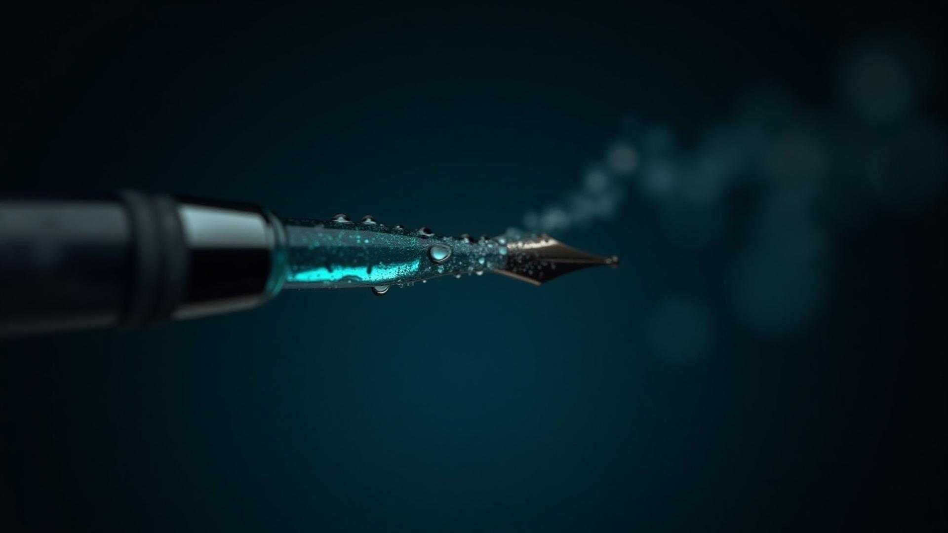 Macro shot of an elegant fountain pen's ink window, filled with vibrant turquoise ink and subtle droplets, showcasing transparent functional design.