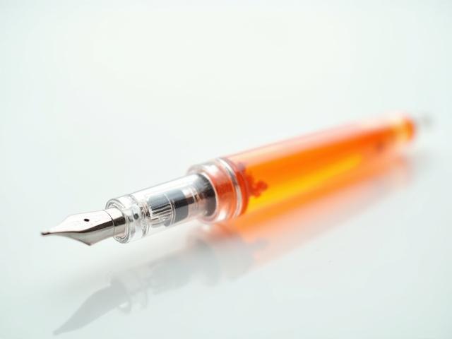 A fully transparent demonstrator fountain pen, revealing the intricate internal mechanism and vibrant orange ink within its clear barrel.