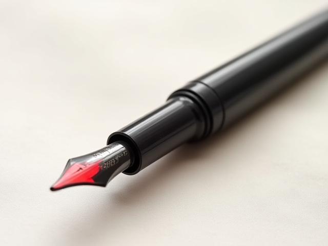 Detailed shot of a black ebonite fountain pen featuring a long, thin, rectangular ink window along the barrel, revealing red ink.