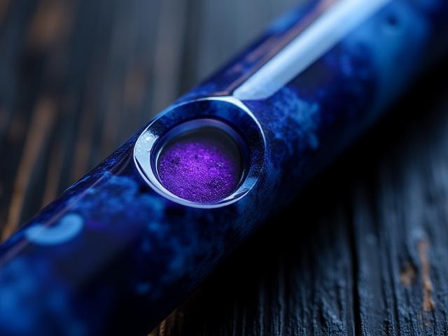 Close-up of a deep blue resin fountain pen with a small, circular, clear ink window near the section, displaying purple ink.