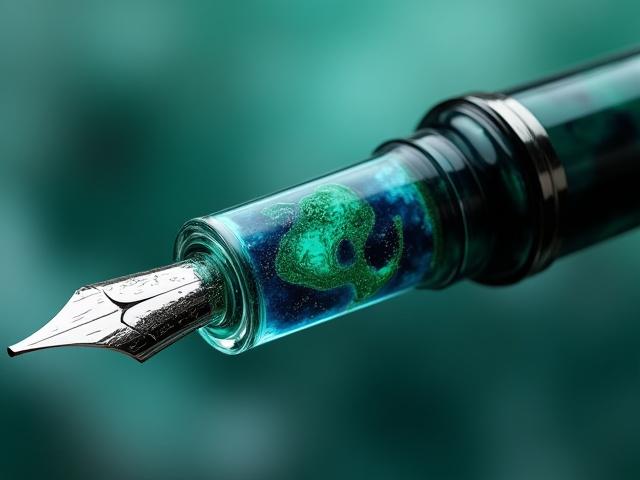 Image of a custom resin fountain pen with a 360-degree clear band ink window, showing a mix of blue and green ink.