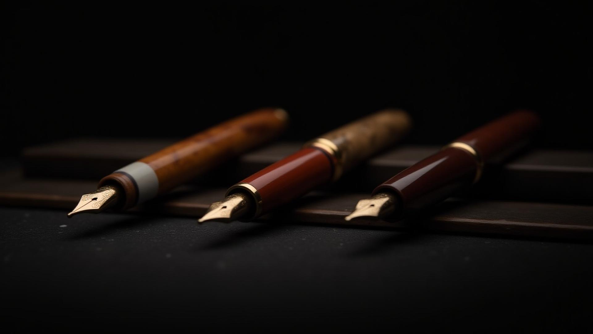 A dramatic display of 3-4 meticulously crafted Jesse Clayton Hill limited edition fountain pens, artfully arranged on a dark, textured surface, hinting at luxury and exclusivity.