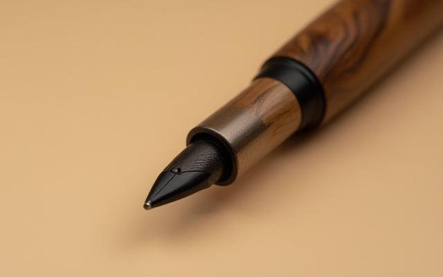 A finely turned fountain pen made from a rich, dark reclaimed walnut wood, showcasing its natural grain.