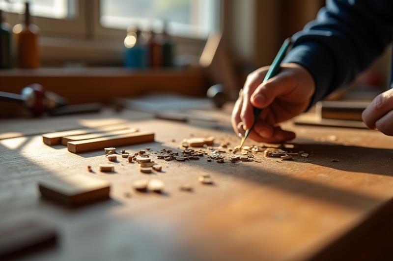 A close-up shot of an artisan's workbench, featuring small offcuts of wood and resin, neatly organized tools, and natural light streaming in.